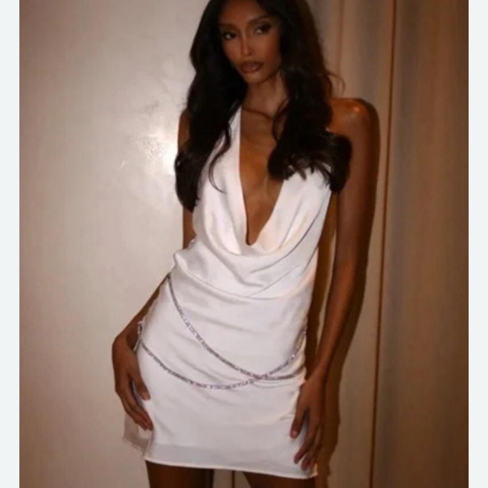 Meshki White Backless Cowl Neck Mini Dress